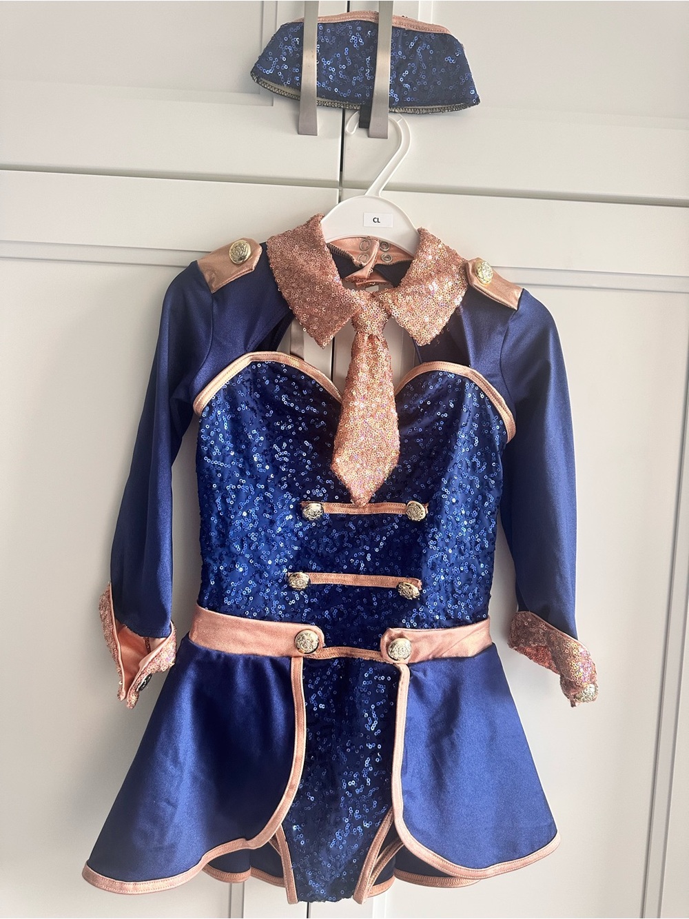 Weissman Navy Blue & Rose Gold Sequin Military/Jazz Dance Costume with Hat